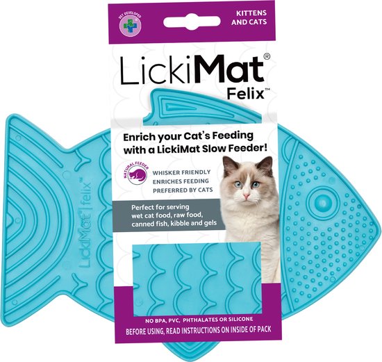 Lickimat Felix - Slowfeeder Voor De Kat - Tegen Schrokken - Kattenvoerbak - 22x16 cm Turquoise
