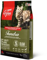 Orijen Tundra kattenvoerzak met cyperse kat en bosachtergrond. 85% dierlijke ingrediënten.