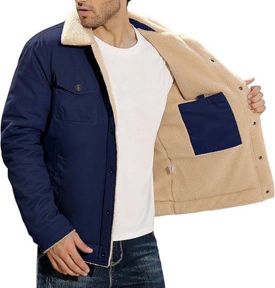 Pioneer Camp Winterjas voor heren, fleecejack, warm, sherpa, gevoerd, overgangsjas, outdoorjas, herenjas met zakken, ademend, winddicht, donkerkhaki, M