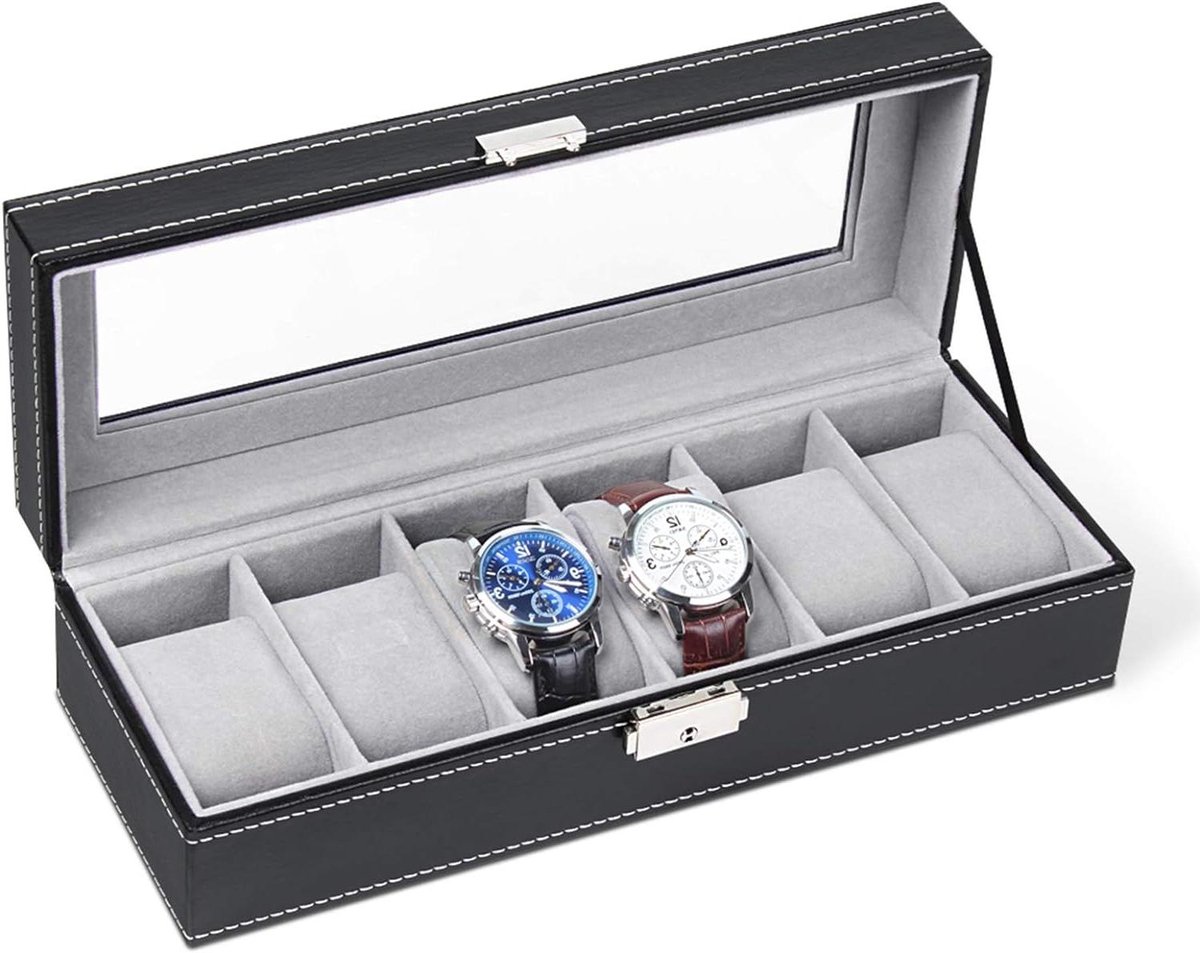 6 Slots Horloge Organizer Houder Stand Display Opbergkoffer voor Mannen - Zwart