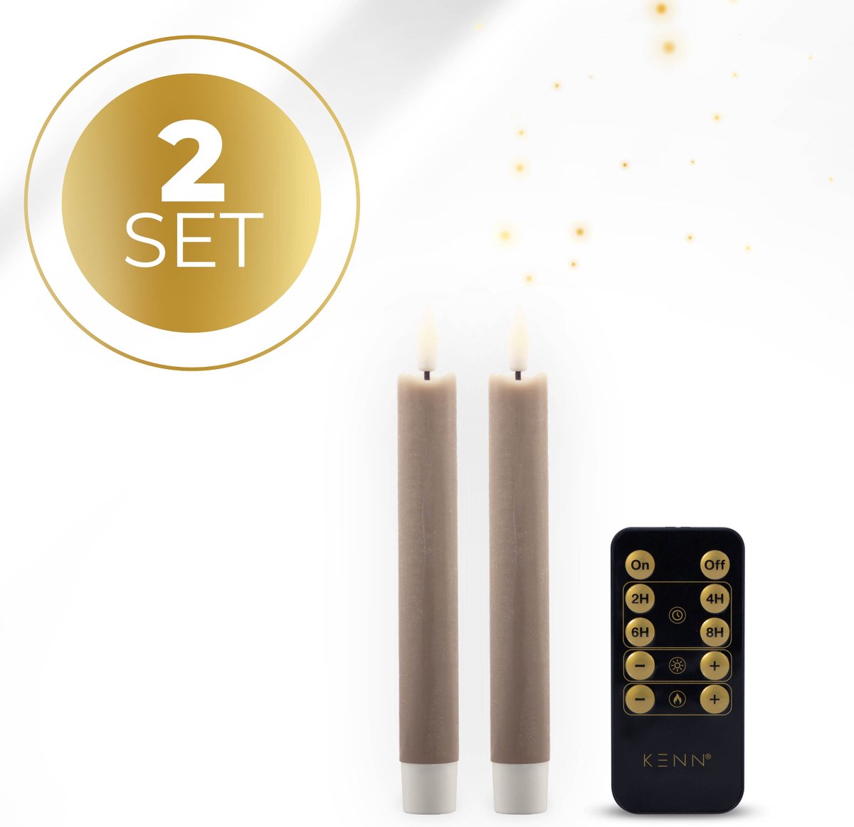 KENN® LED Dinerkaarsen op Batterijen – Klein Formaat – Echte Wax – Set van 2 – Rustiek Taupe – Met Afstandsbediening & Timer – Realistische 3D Vlam – LED Kaarsen – Dinerkaars LED – Kaarsen op Batterijen – Tafelkaarsen – Realistisch Flikkerende Vlam