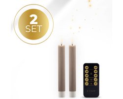 KENN® LED Dinerkaarsen op Batterijen – Klein Formaat – Echte Wax – Set van 2 – Rustiek Taupe – Met Afstandsbediening & Timer – Realistische 3D Vlam – LED Kaarsen – Dinerkaars LED – Kaarsen op Batterijen – Tafelkaarsen – Realistisch Flikkerende Vlam