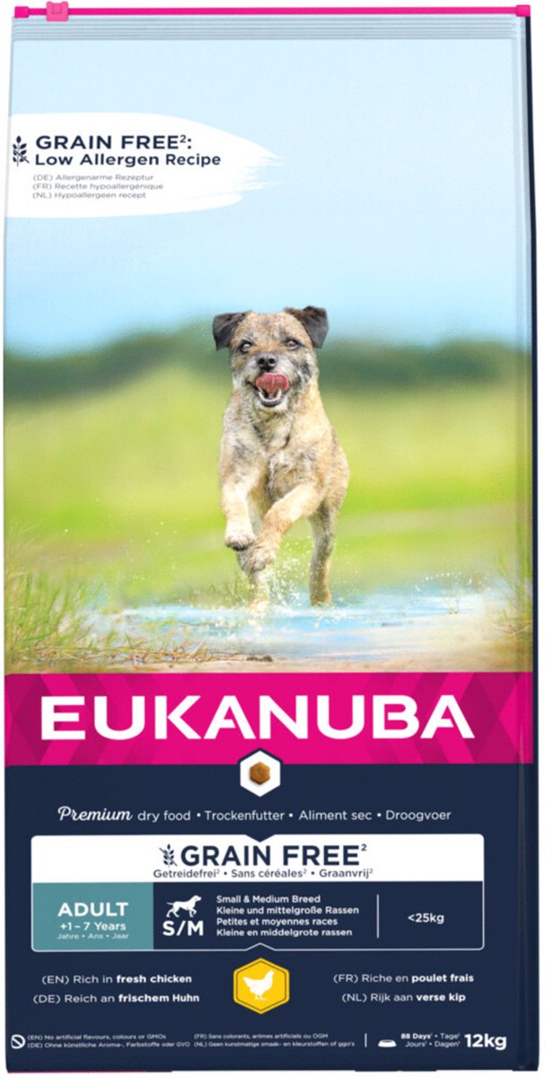 2x12kg Eukanuba Grain Free Adult Small / Medium Breed Kip Hondenvoer droog