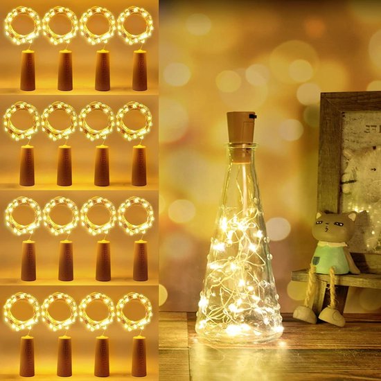 Flessenlampen, 10 stuks, 20 leds, 2 m, flessenverlichting, lichtketting, nachtlampje, wijnfles, flessenlicht, kurk voor doe-het-zelf, feest, bruiloft (wit