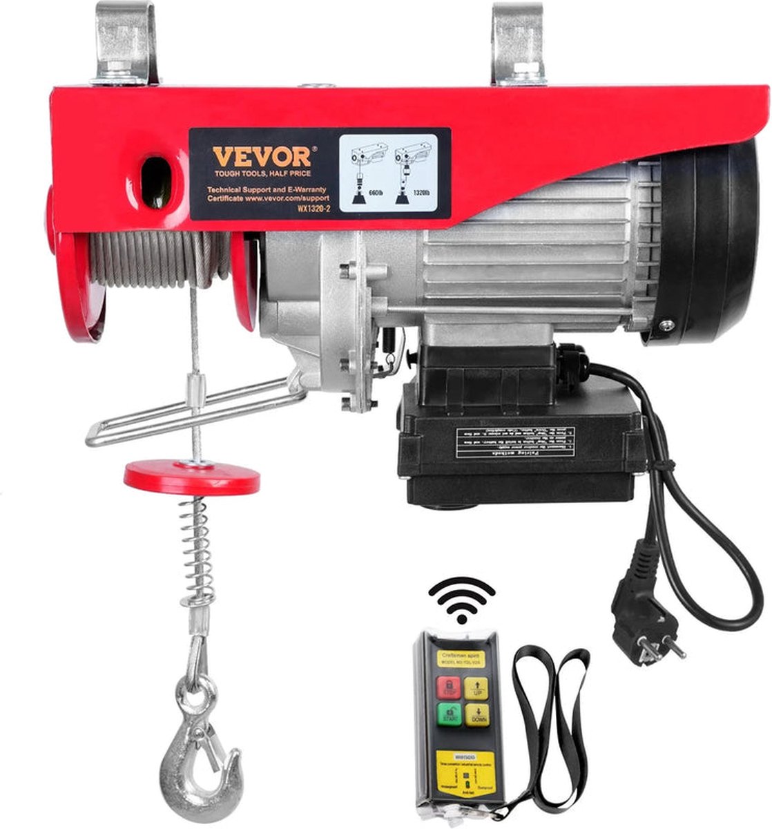 Vevor - Kabeltakel - Elektrische lier - Elektrische Takel - Hijskraan - Kabeltakel Lier - voor Boot Auto Garage Lift - Draadloos 1000kg - Rood