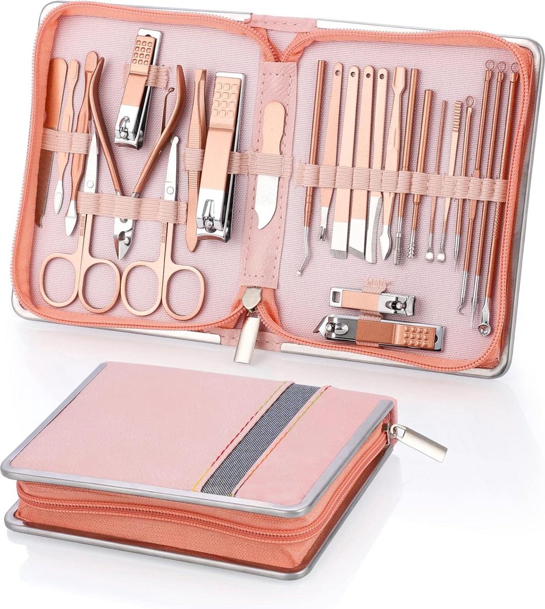 Goedkoopste Manicure set, 26-delige professionele nagelknipper set, roestvrij staal nagelset gereedschap voor manicure en pedicure, nagelriemreiniging, geavanceerd ontwerp met ritssluiting, roze