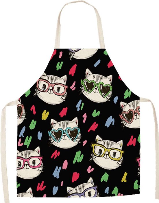 ABAKUHAUS Kat Keukenschort - Katten Met Happy Faces, Verstelbaar Unisex Schort Voor Koken, Tuinieren En Creatief Werk - Zwart Wit