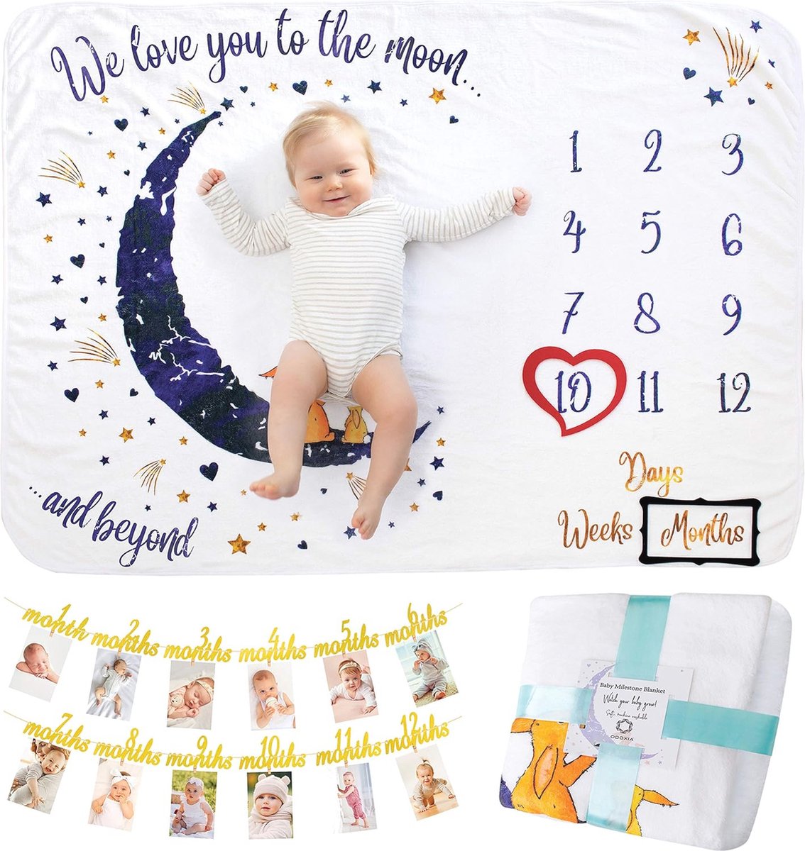 Goedkoopste Mijlpaal Deken voor Baby's | Unisex Maandelijkse Fotoherinnering met Verjaardagslinger | Zachte en Comfortabele Deken met Maan en Sterren Thema