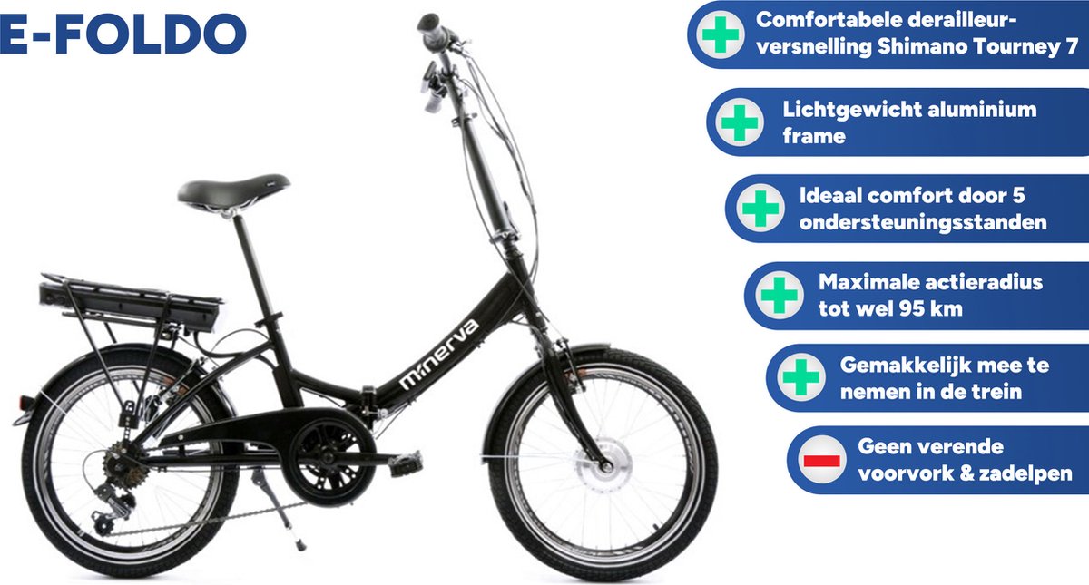 Velo pliant electrique Minerva E Foldo 20 pouces 33 cm 7 vitesses Zwart en V Noir bol
