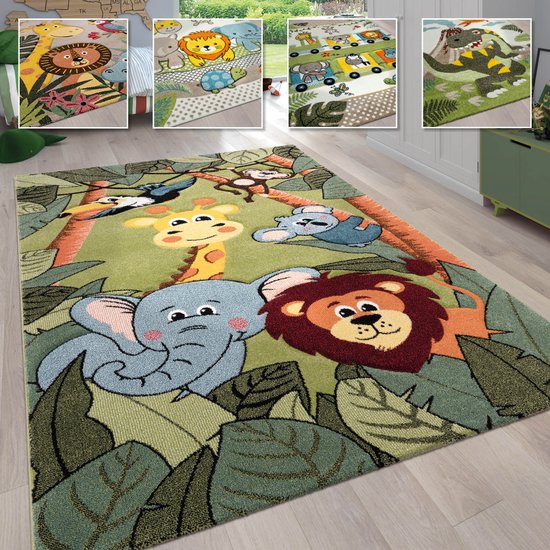 Paco Home Kindertapijt Jungle Avontuur Met Dieren - Laagpolig Speeltapijt 200x290 Cm Groen