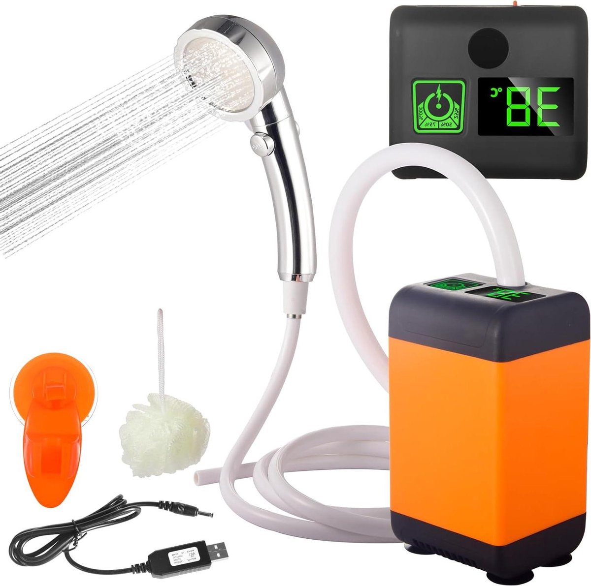 Camping douche met pomp, 3000mAh camping douche batterij camping, mobiele buitendouches met douchekop en 2M slang, slimme digitale display, voor tuin, strand, huisdier, auto wassen, reizen