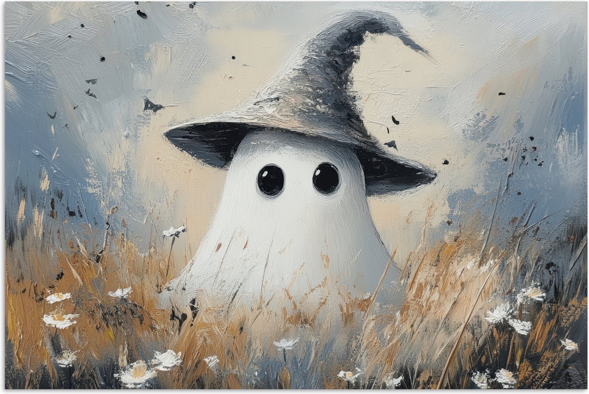Poster 90x60 cm - Halloween - Spook - Heksenhoed - Abstract - Grijs - Posters - Kamer decoratie - Wanddecoratie woonkamer - Muurdecoratie slaapkamer