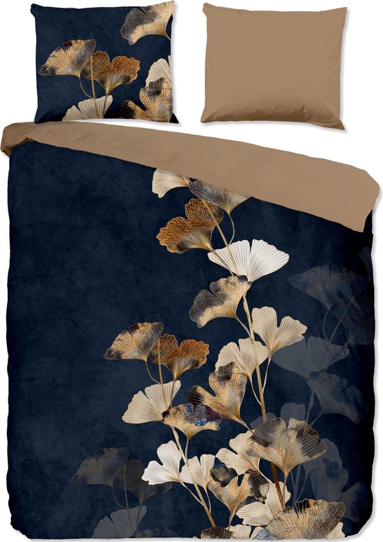 Foto: Cheqo luxe dekbedovertrek 240x220 cm ginkgo bladeren print donkerblauw goud 2 persoons 100 katoen