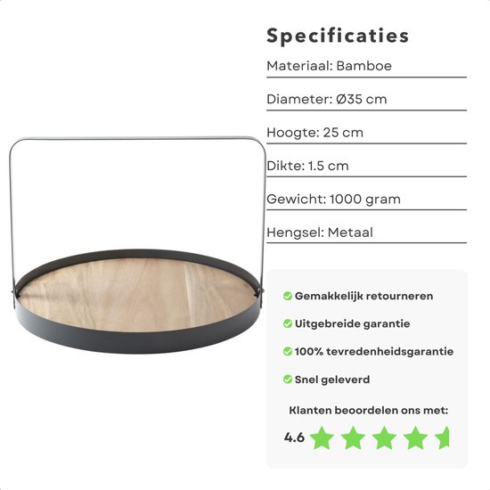 Ronde bamboe serveerplank met metalen rand en handvat. Diameter 35cm.