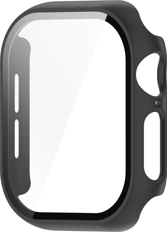 Zwarte hoes met geïntegreerde glazen screenprotector voor een Apple Watch Series 10/11, 42mm. Zonder horloge.