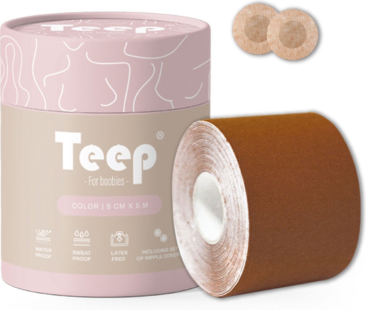 Boob tape - Boobtape - Plak bh - Bruin - 500x5cm - Inclusief set nipple covers - Teep