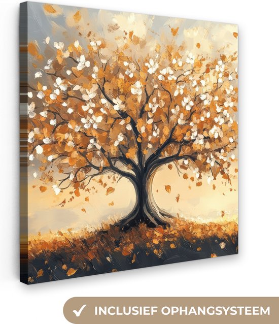 Toile peinte représentant un arbre aux fleurs orange et blanches, avec système de suspension.