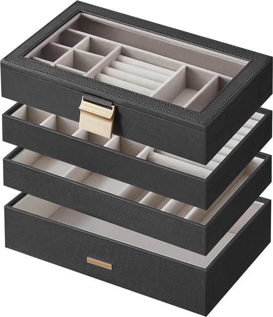 4 Levels Stackable Large Jewellery Box with Glass Lid - Black - 17 x 28 ...