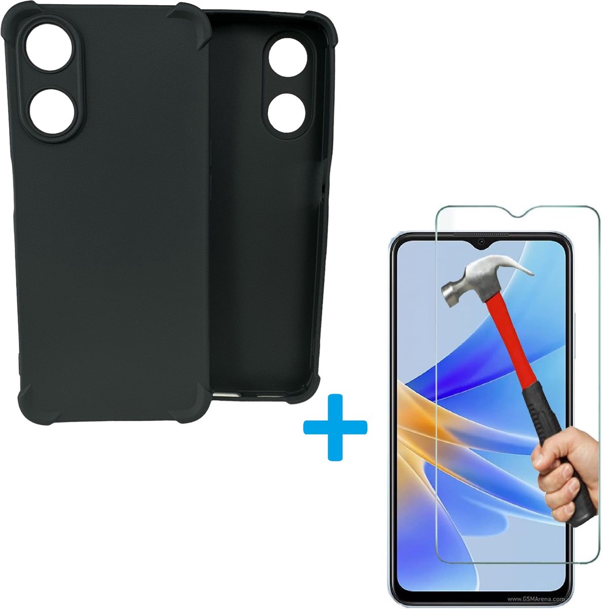 Shockproof Hoesje Geschikt voor: Oppo A17 - Anti -Shock Silicone - Zwart + 3x Screenprotector