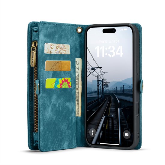 Étui portefeuille Solidenz iPhone 16 Pro Max - Porte-cartes - Poche zippée - Dragonne - Bleu
