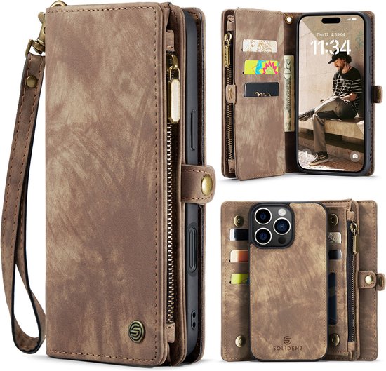 Foto: Geschikt voor iphone 16 pro hoesje solidenz wallet case 16 pro telefoonhoesje 16 pro 16 pro case met pasjeshouder met ritsvak met polskoord portemonee hoes bruin