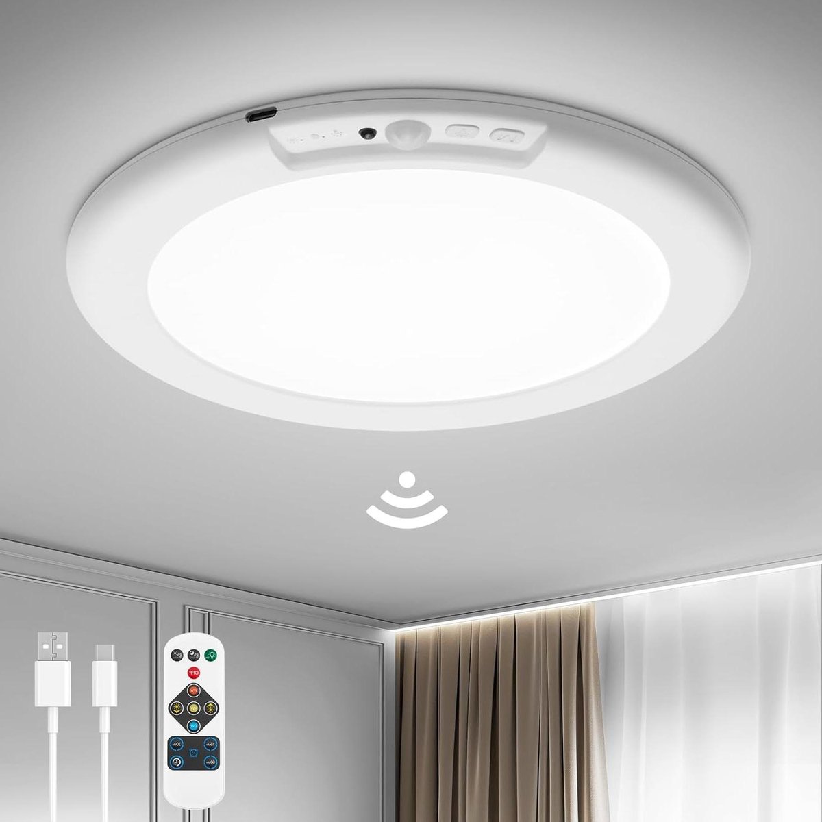 Oplaadbare Plafondlamp met Bewegingssensor en Afstandsbediening - Batterijgevoede Plafondlamp voor Binnen - 3CCT 250LM Dimbare Draadloze Plafondlamp voor Zolder Garage Veranda Trap Hal