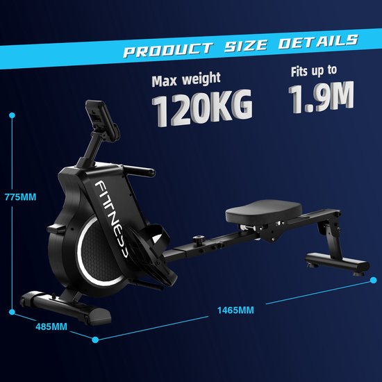 Zwarte roeitrainer met afmetingen: 775 mm hoog, 485 mm breed, 1465 mm lang, max 120 kg.