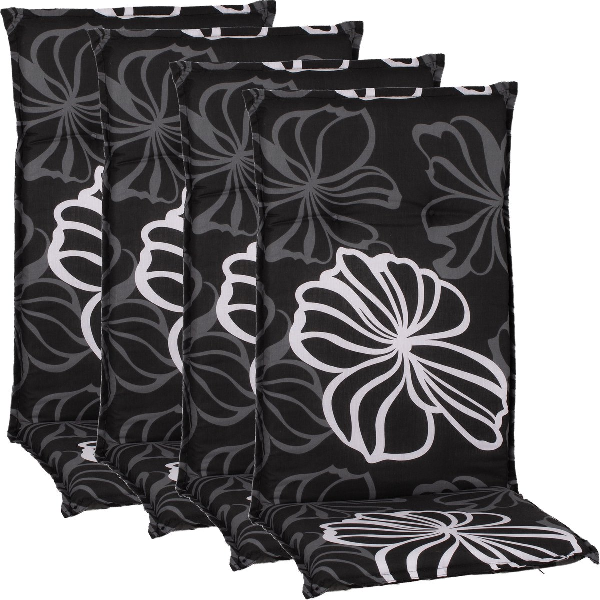 NYVI Tuinstoelkussens Hoog 4-delig Barcelona - UV-bestendig, Ademend, Duurzaam - Kussens Outdoor - Zitkussens voor tuinstoelen 118x50cm Zwarte Bloem