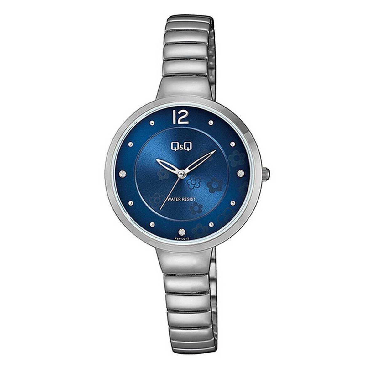QQ F611J212Y - Horloge - Analoog - Vrouwen - Dames - Stalen band - Rond - Staal - Zilverkleurig - Blauw - Bloemenprint