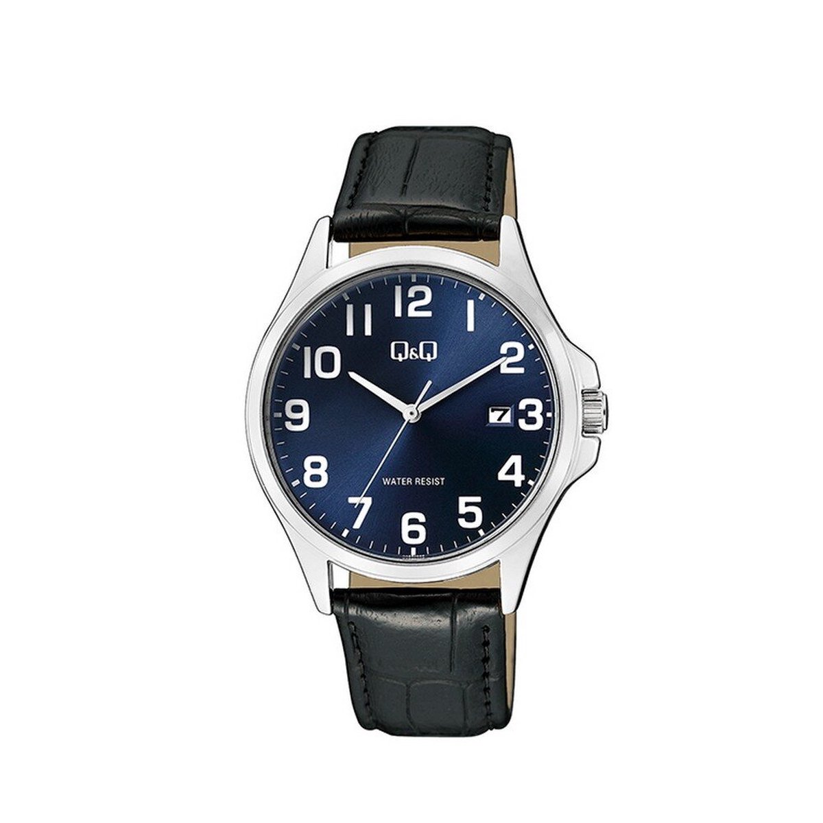 QQ A480J305Y - Horloge - Analoog - Mannen - Heren - leren band - Rond - Staal - Cijfers - Datumaanduiding - Zwart - Zilverkleurig - Blauw
