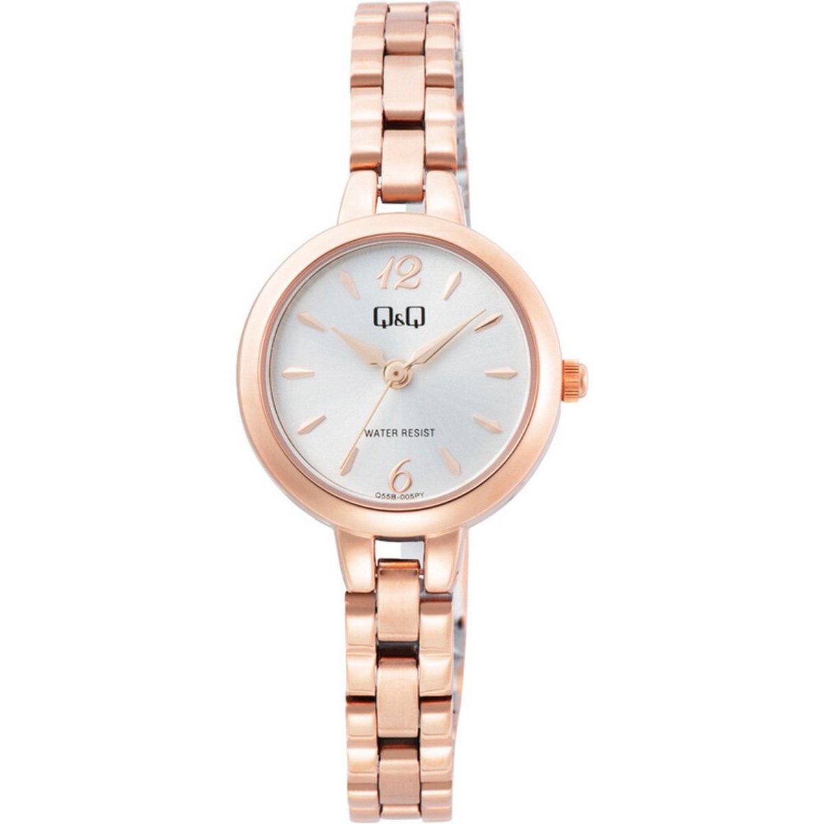 QQ Q55B-005PY - Horloge - Analoog - Dames - Vrouwen - stalen band - Rond - Metaal - Cijfers - Streepjes - Rosékleurig - Wit