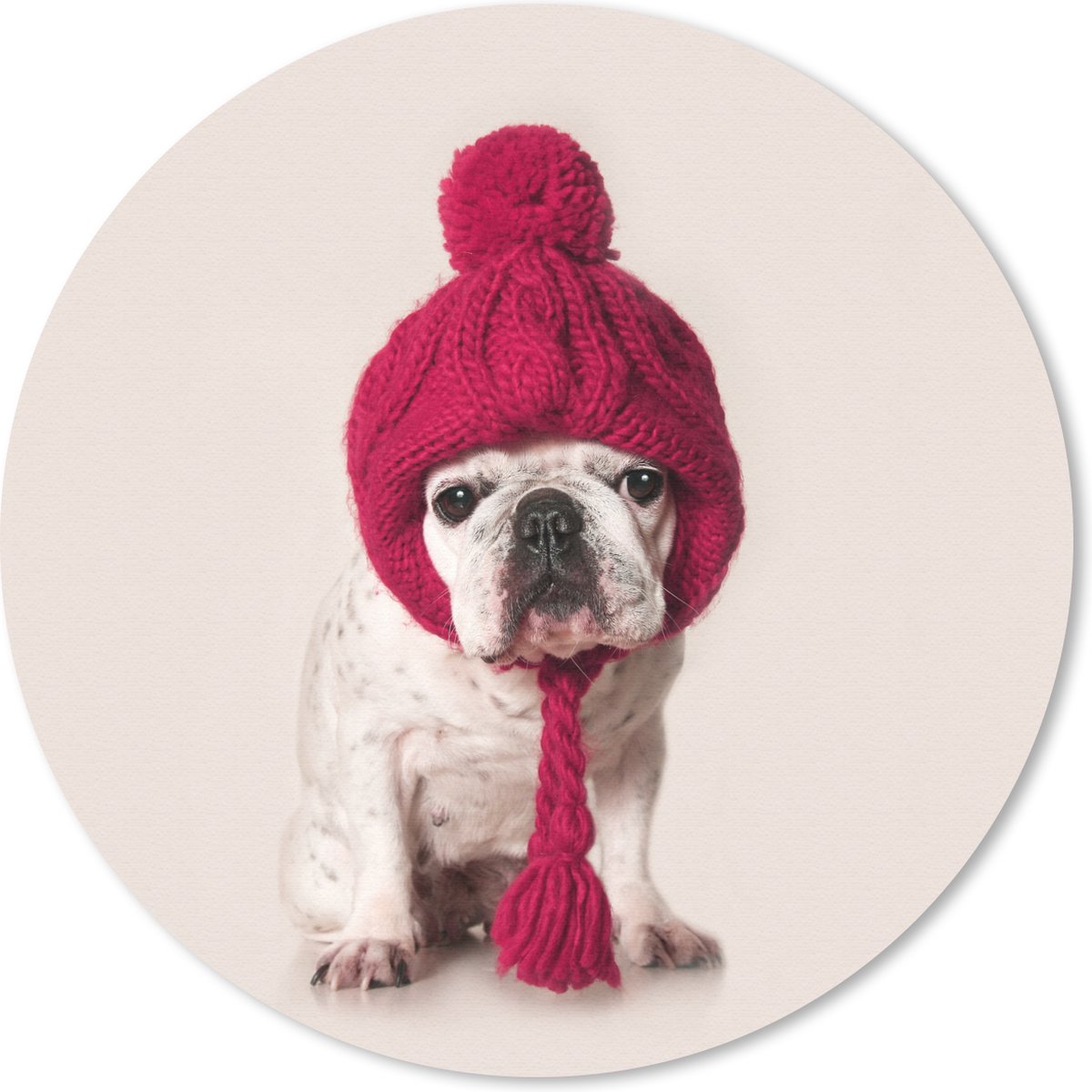 Muismat rond 20x20 cm - Mousepad Franse buldog in een wollen muts - Ronde muismatten
