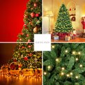 Collage de quatre images : sapin de Noël avec boules, sapin de Noël dans un salon avec cadeaux, sapin de Noël avec lumières et panier, et gros plan de branches d'arbre avec lumières.
