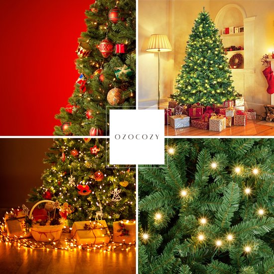 Collage de quatre images : sapin de Noël avec boules, sapin de Noël dans un salon avec cadeaux, sapin de Noël avec lumières et panier, et gros plan de branches d'arbre avec lumières.
