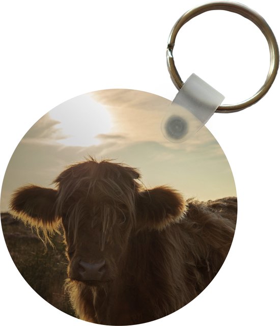 Sleutelhanger - Schotse Hooglander - Zonsondergang - Gras - Plastic - Rond - Uitdeelcadeautjes