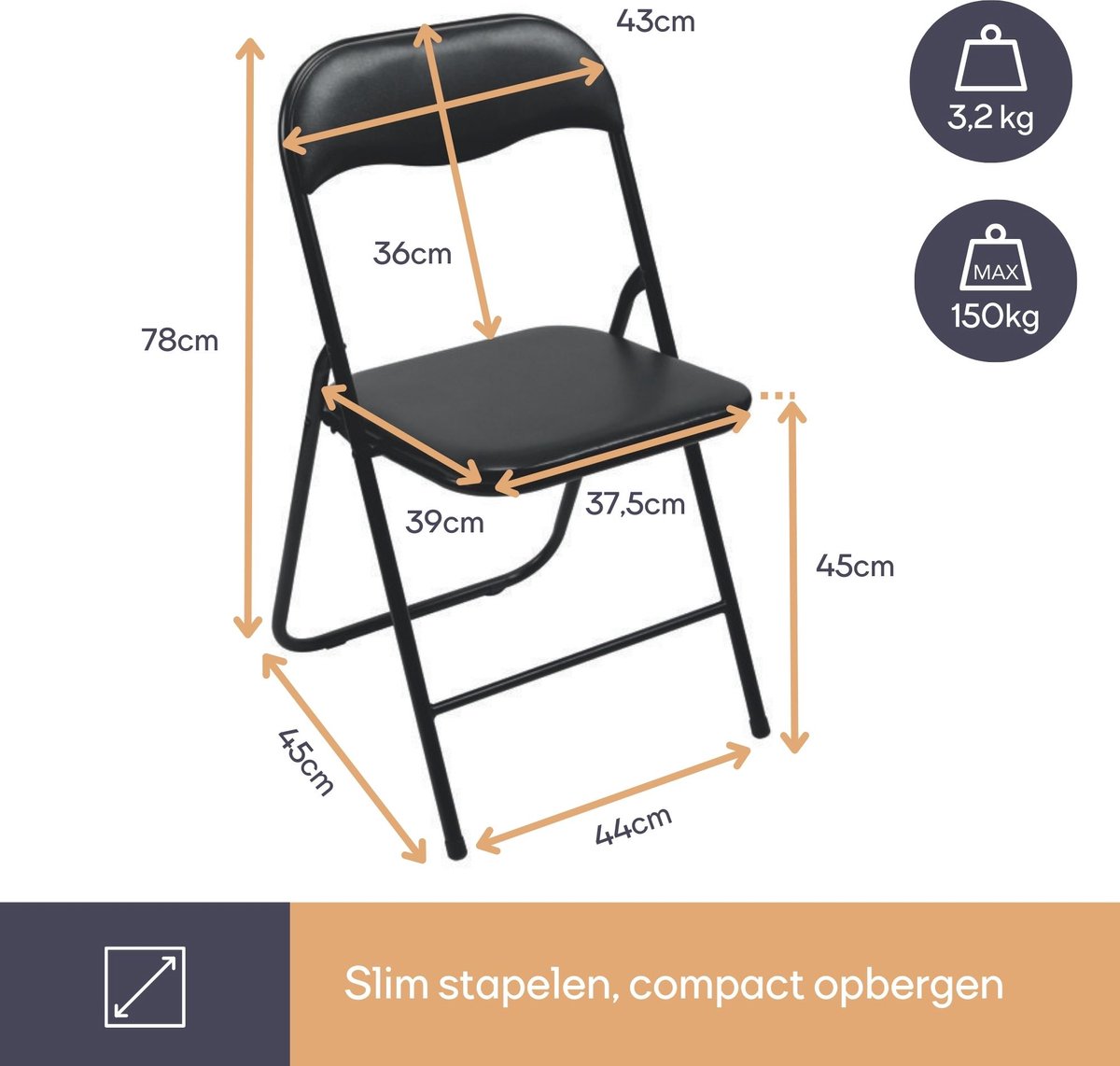 Perel Klapstoel, 37 X 39 X 78 Cm, Zwart, Pvc (polyvinyl Chloride Perel Klapstoel, 37 X 39 X 78 Cm, Zwart, Pvc (polyvinyl Chloride