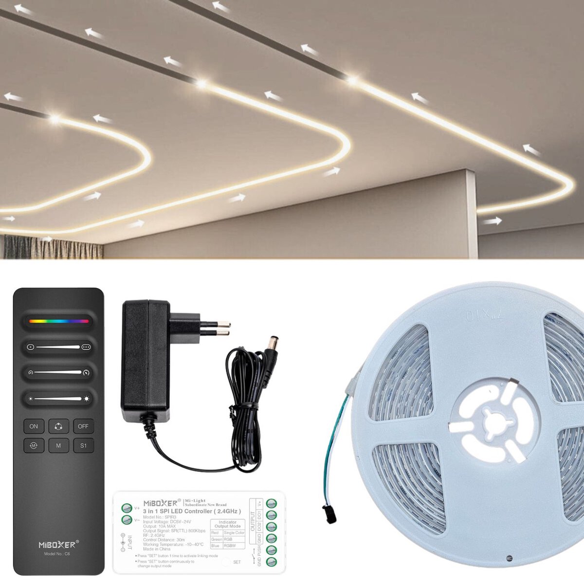 LED Strip Digitaal - IC/SPI - 4000k Neutraal Wit - 10 Meter - 126LED/M - SPI/Addresseerbaar - 24V - Waterdicht IP67 - RA>80 - Met lichteffecten - Inclusief Mi-Light(MiBoxer) SPI Controller en afstandsbediening