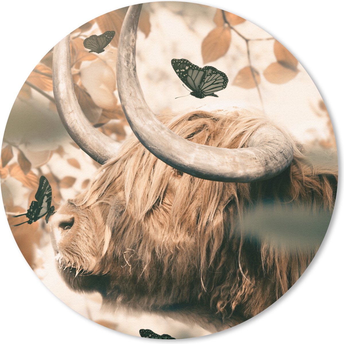 Muismat rond 30x30 cm - Mousepad Schotse hooglander - Zon - Vlinders - Ronde muismatten