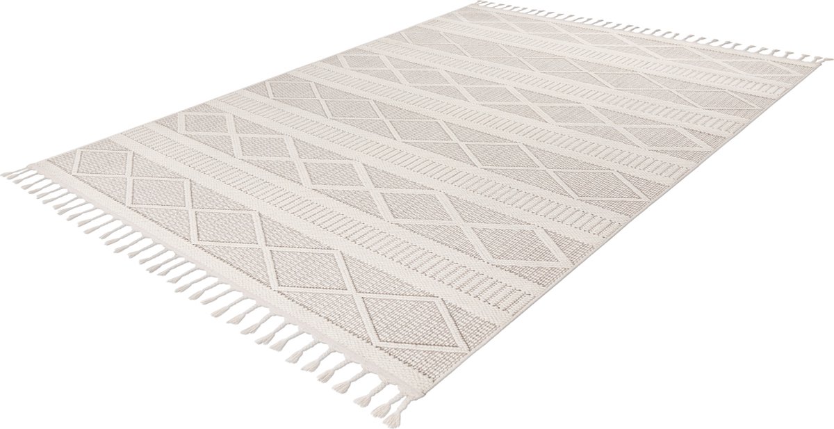 Lalee Tunis plat geweven vloerkleed Bohemian tapijt hoog en laagpolig 3d met grote franjes tijdloos 120x170cm ivoor gebroken wit