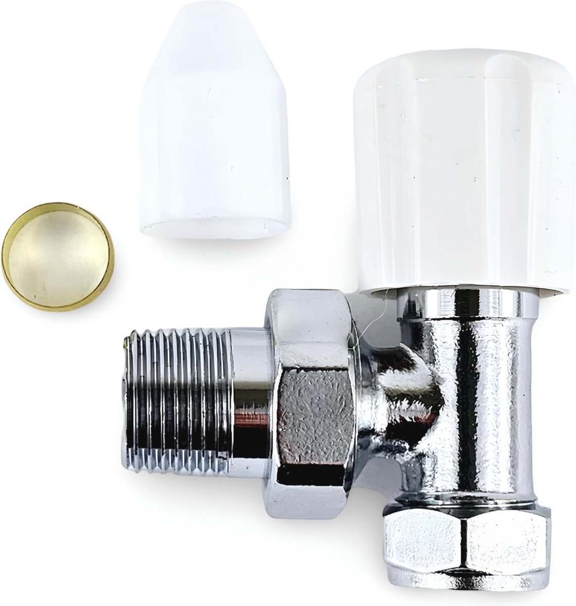 Hoekige Radiatorventielset met Witte Lockshield en Wheelhead Kleppen - 15mm x 1/2"