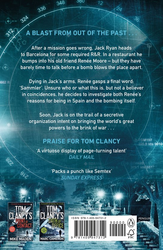 Achterkant van het boek Tom Clancy's Firing Point, met tekst en afbeeldingen van andere boeken.