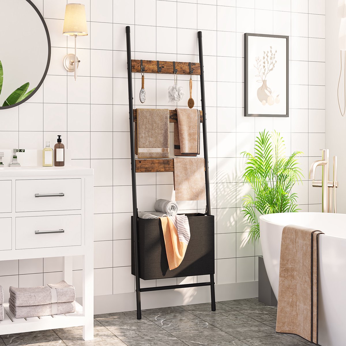 Goedkoopste IN.HOMEXL Grig - Verwijderbare Wasmand met Opbergrek - Industrieel Design - Stabiele en Duurzame Constructie 161x44cm