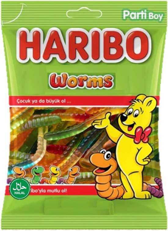 Haribo Worms zak met kleurrijke, zure wormvormige snoepjes. Een gele beer en een worm figuur met rode strikjes sieren de groene verpakking.