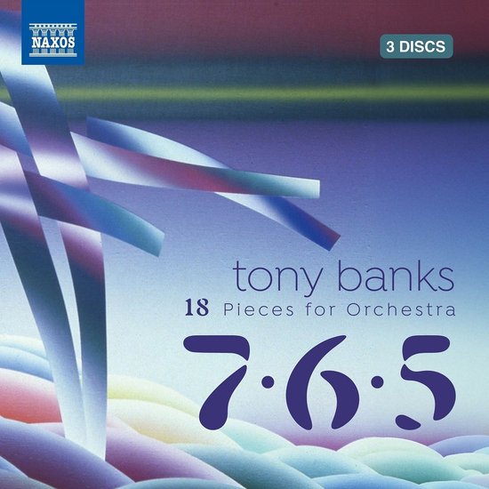 Pochette de CD avec le titre 'tony banks 18 Pieces for Orchestra 7.6.5'. La pochette présente des rubans abstraits et colorés sur un fond violet et bleu. "3 DISCS" est en haut à droite.