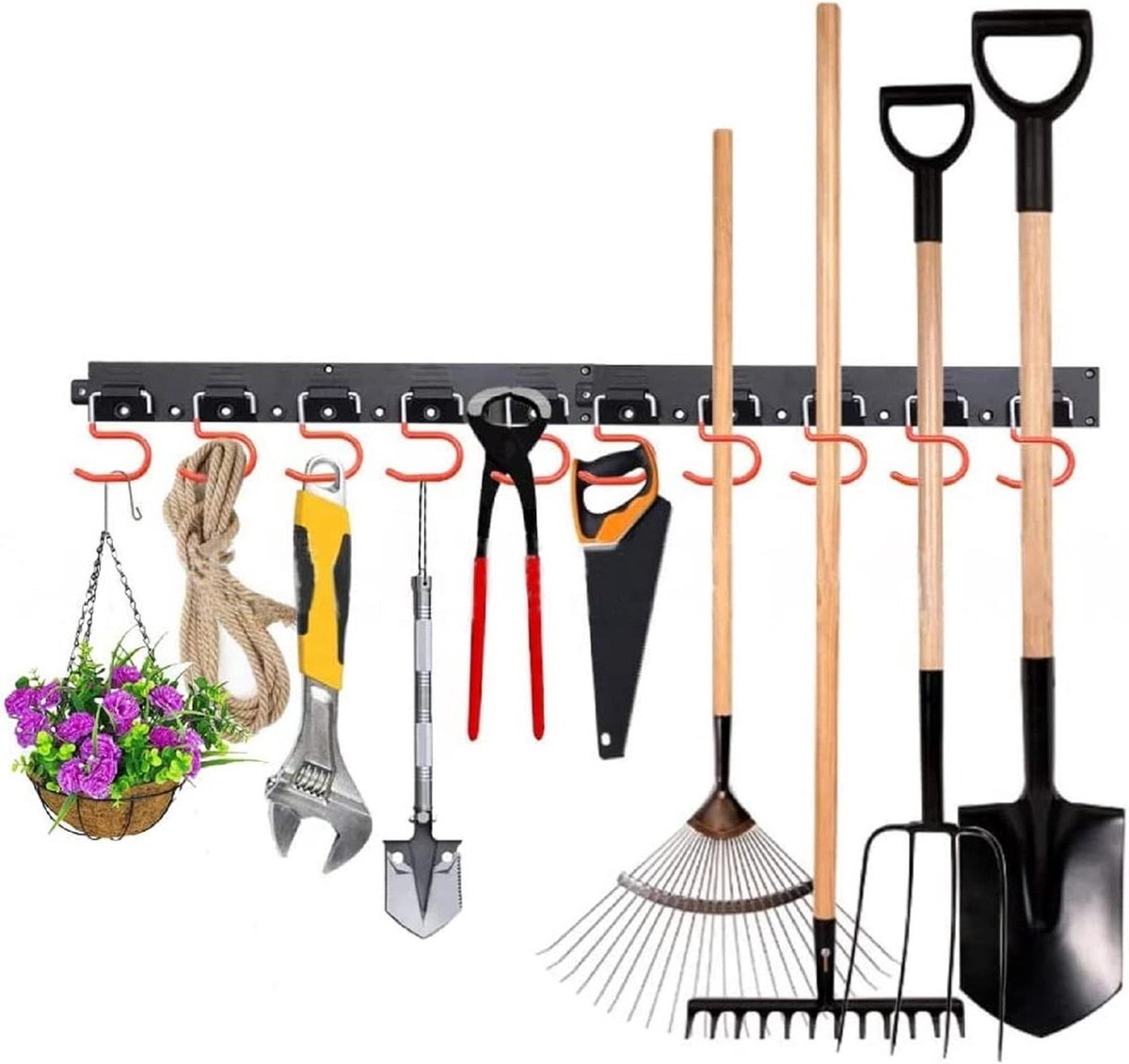 Verstelbaar opbergsysteem 121 cm garage tuingereedschapshouder - wandmontage gereedschap organizer - opbergsysteem voor garage organiseren (oranje)
