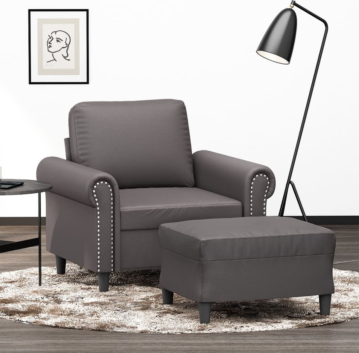 vidaXL Fauteuil - met - voetenbank - 60 - cm - kunstleer - grijs