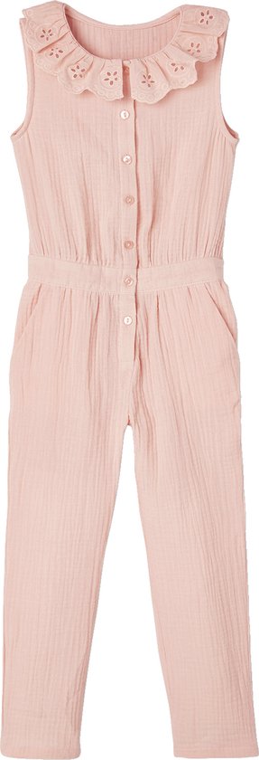 Roze mouwloze jumpsuit met elastische taille, opengewerkt kraagje en knopen.