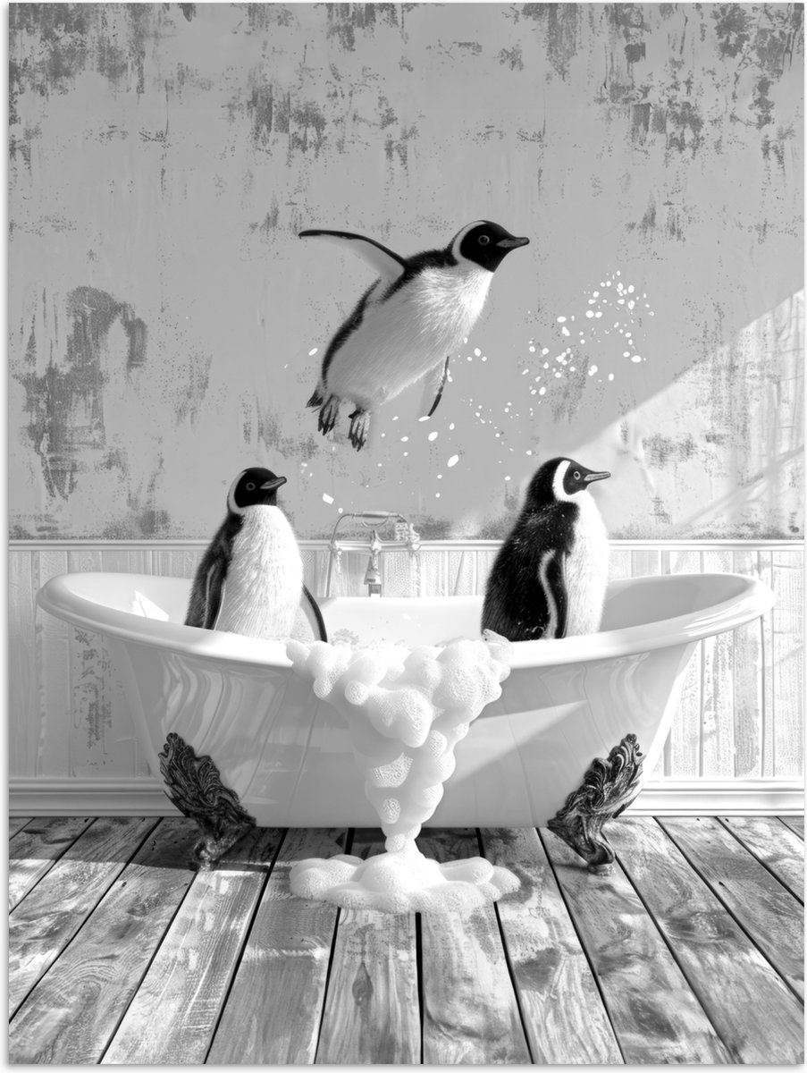 Poster 120x160 cm - Pinguïns - Vintage - Dieren - Zwart - Wit - Posters - Wanddecoratie ba