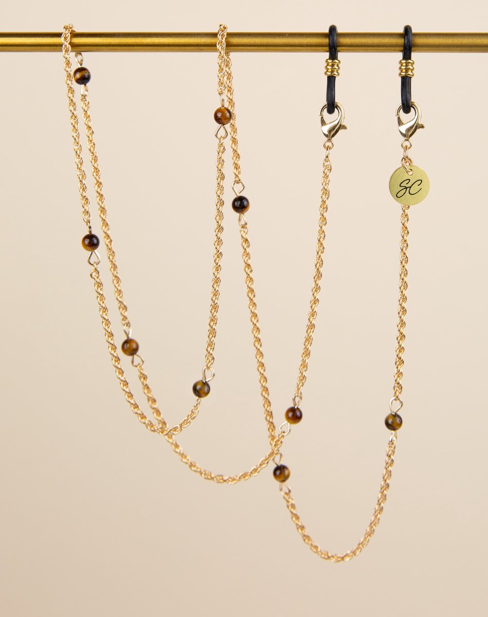 Brillenkoord – Goud gedraaide Brillenketting met Tiger Eye Steentje – Elegante Brillenkoord | Sunny Cords