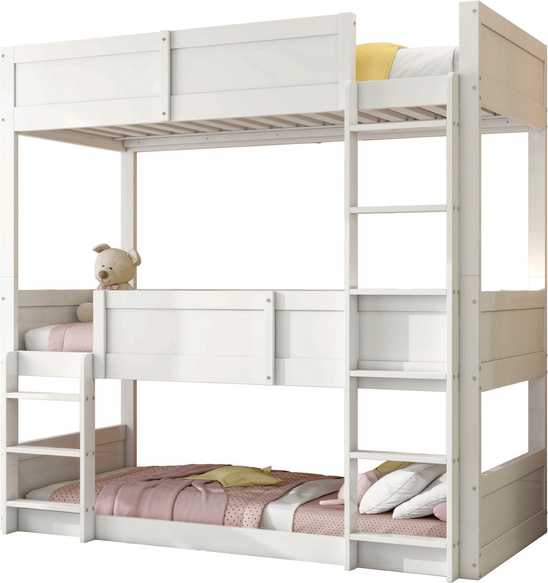 Merax Stapelbed 90x200 cm voor Kinderen - 3-laags Houten Bed met Veiligheidshekken - Modulair Bed voor Jongens en Meisjes - Wit